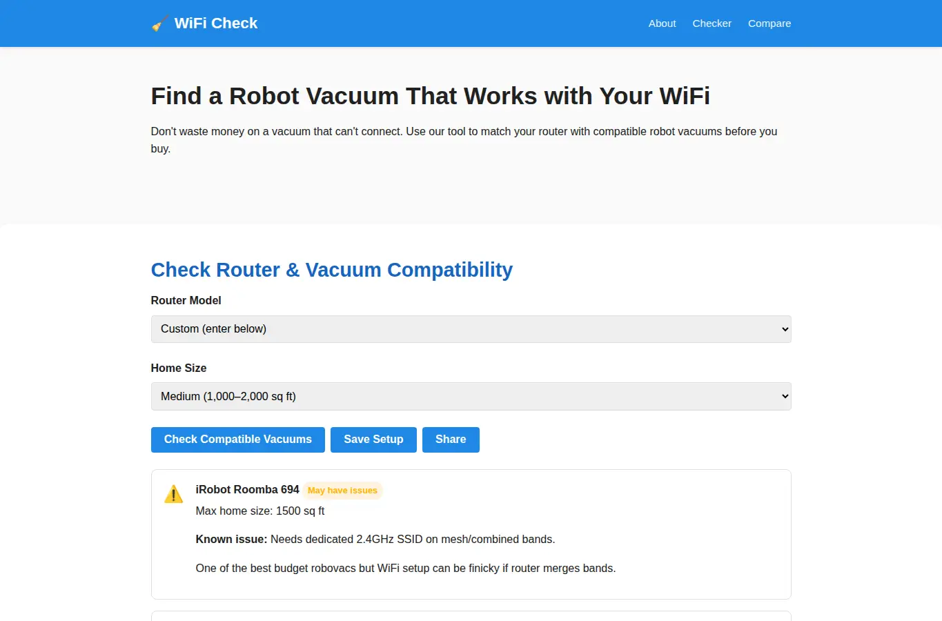 Screenshot of Robot Vacuum WiFi Compatibility Checker interface showing the project page in use